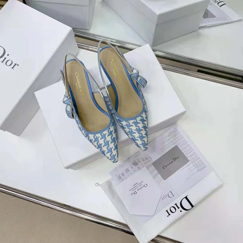 Dior J Adior Slingback Pump Cornflower Blue Cotton Embroidery with Micro Houndstooth Motif for Women Dior J Adior Slingback Pump Cornflower Blue Cotton Embroidery with Micro Houndstooth Motif for Women