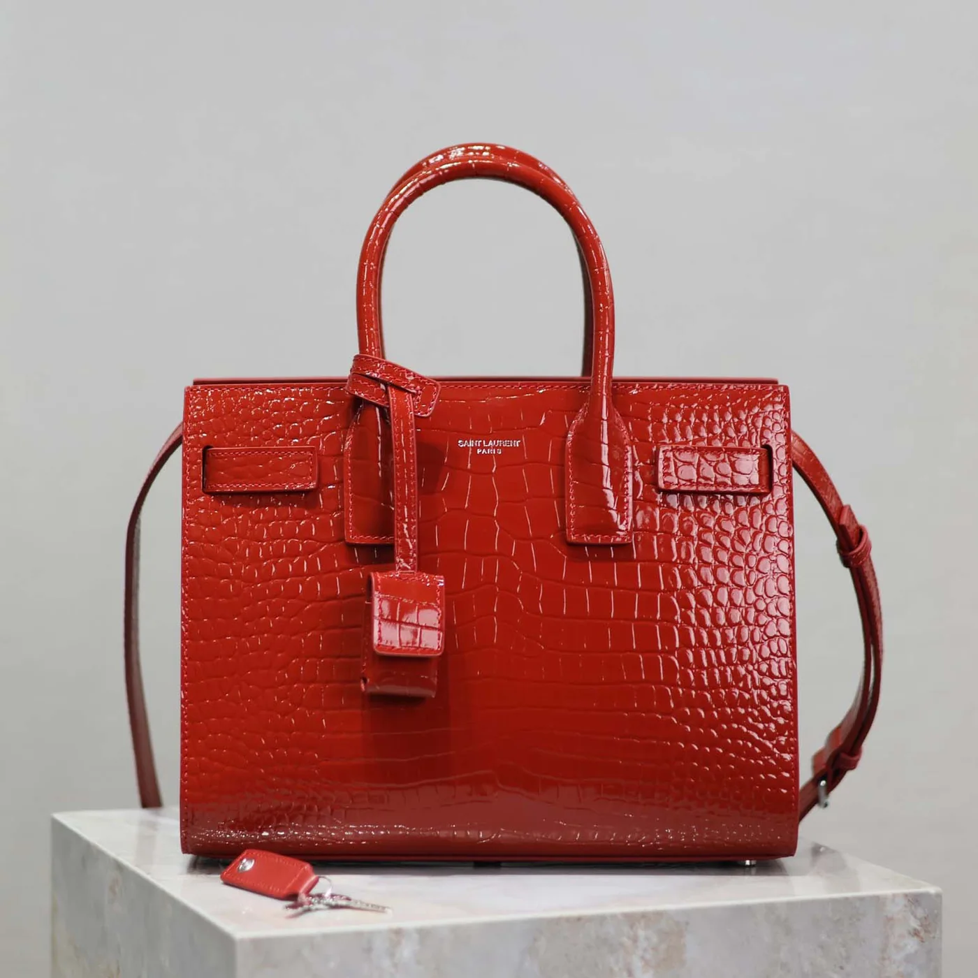 Saint Laurent YSL Sac De Jour in Embossed Crocodile Leather Baby for Women in Red