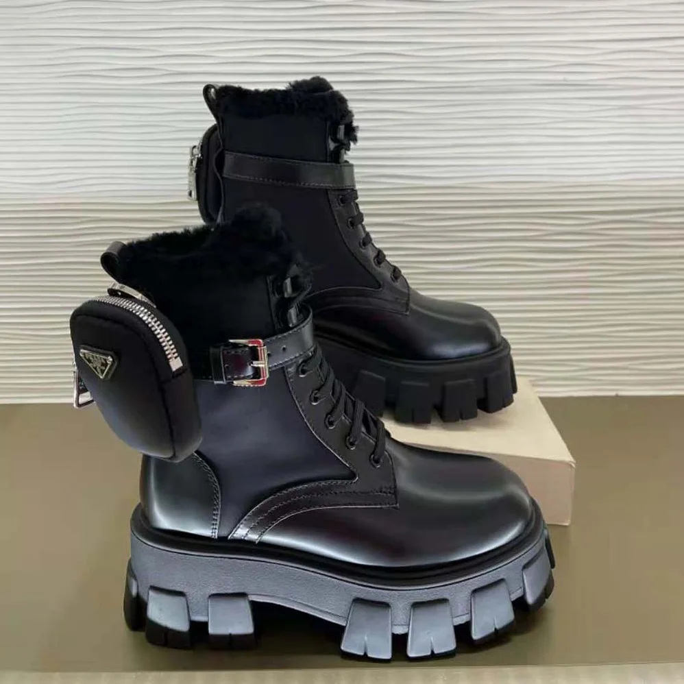 Prada Monolith Leather and Nylon Biker Boots for Women in Black