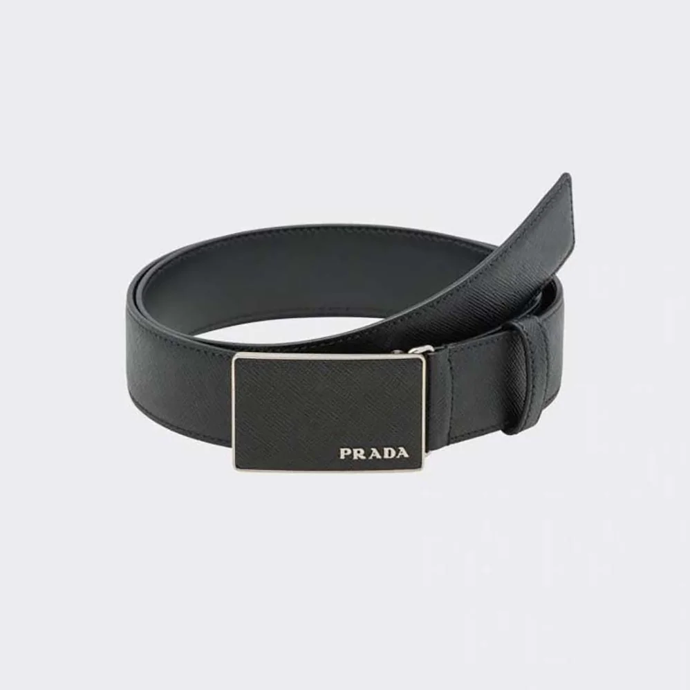 Prada Saffiano Leather Belt with Metal Lettering Logo for Men in Black Prada Saffiano Leather Belt with Metal Lettering Logo for Men in Black