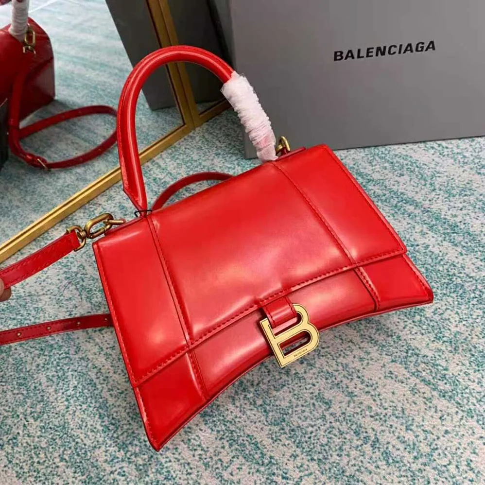 Balenciaga Hourglass Small Top Handle Bag in Shiny Box Calfskin for Women in Red