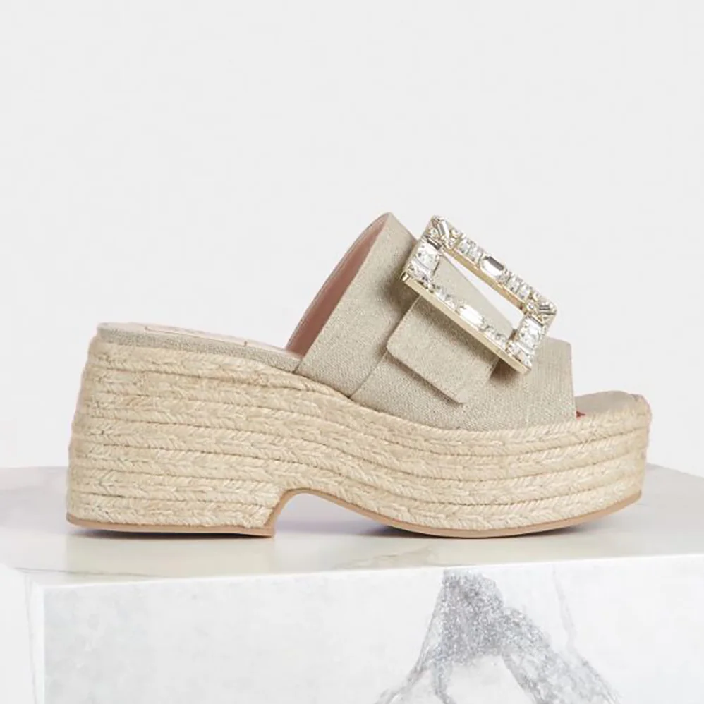 Roger Vivier Strass Buckle Espadrille Platform Mules in Fabrics for Women Roger Vivier Strass Buckle Espadrille Platform Mules in Fabrics for Women
