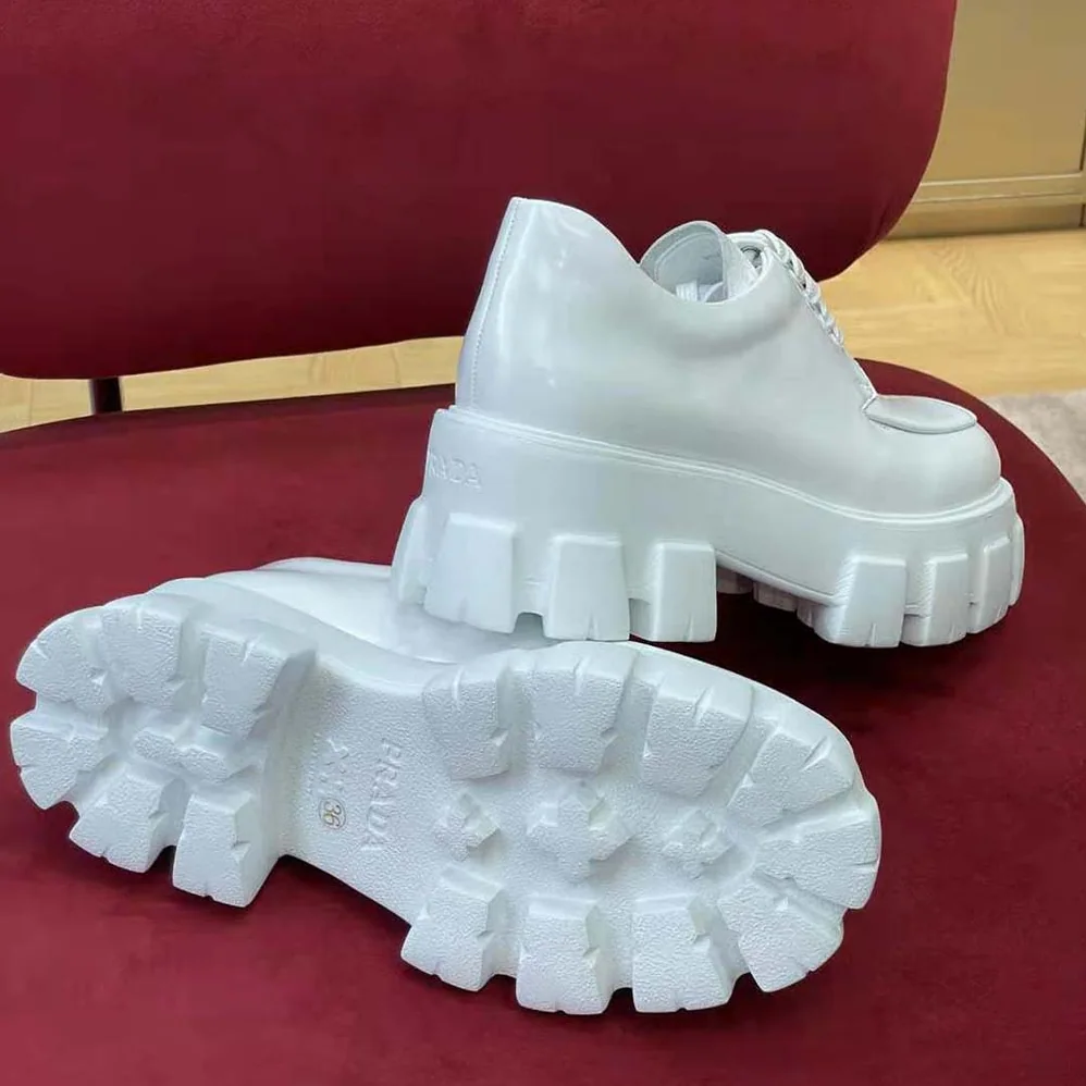 Prada Monolith Brushed Leather Lace-up Shoes for Women in White Prada Monolith Brushed Leather Lace-up Shoes for Women in White