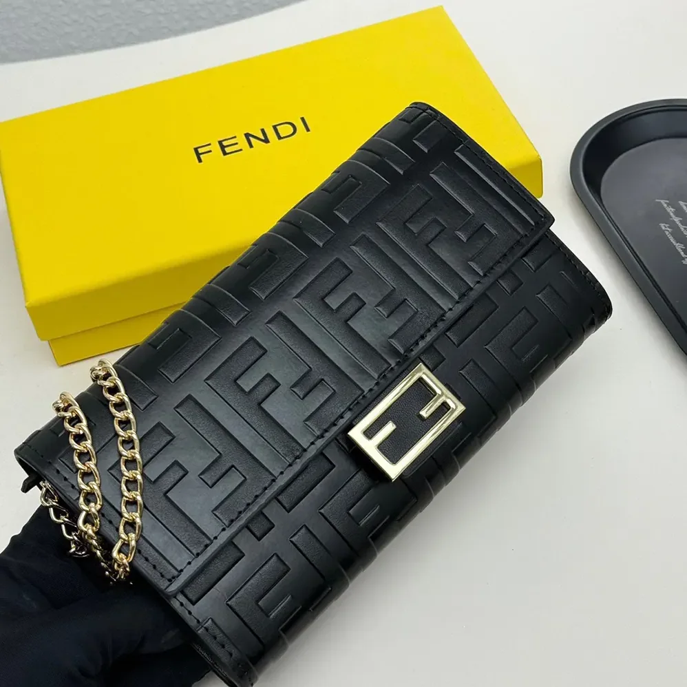 Fendi Baguette Continental Wallet With Chain Black Nappa Leather Wallet for Women