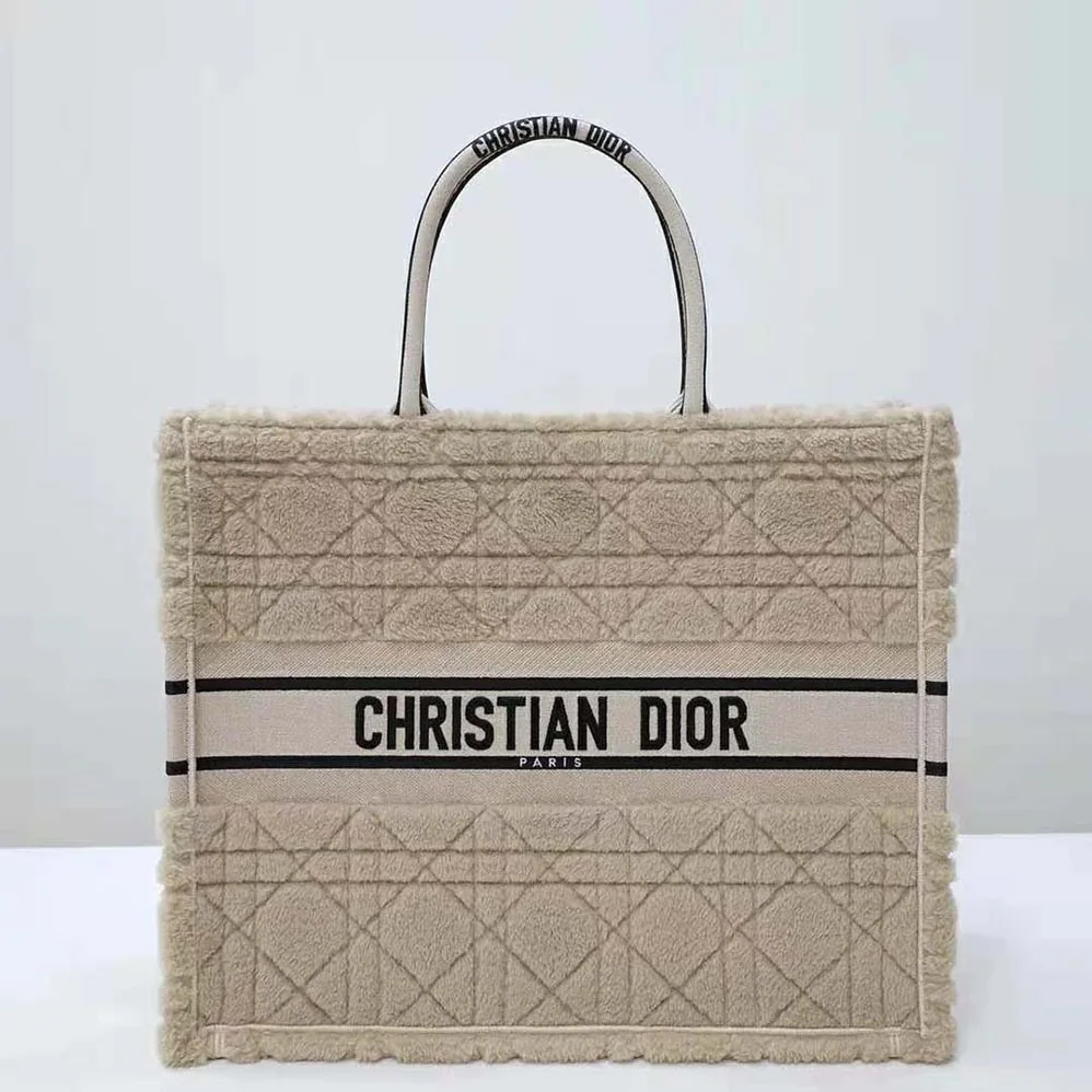 Dior Large Dior Book Tote Beige Cannage Shearling for Women