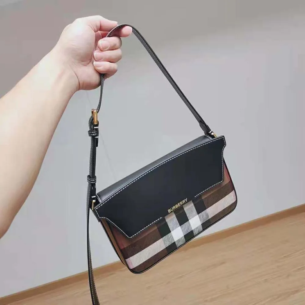 Burberry Check and Leather Catherine Shoulder Bag for Women in Black
