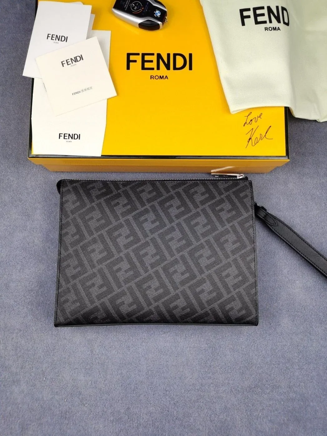 Fendi Flat Pouch Black Fabric Pouch Yellow Stripes / FF 7VA491A9XSF0R2A