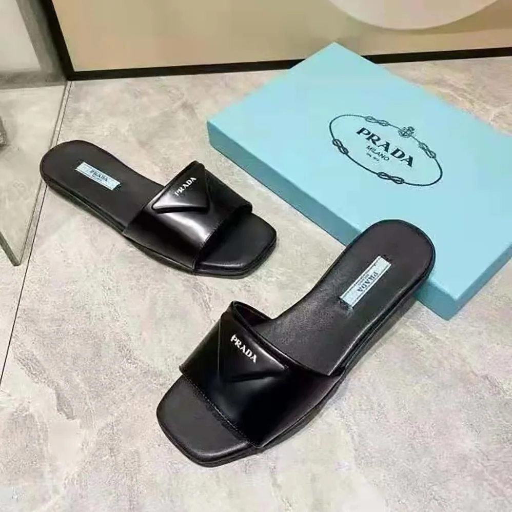 Prada Brushed Leather Slides Triangle Logo for Women in Black Prada Brushed Leather Slides Triangle Logo for Women in Black
