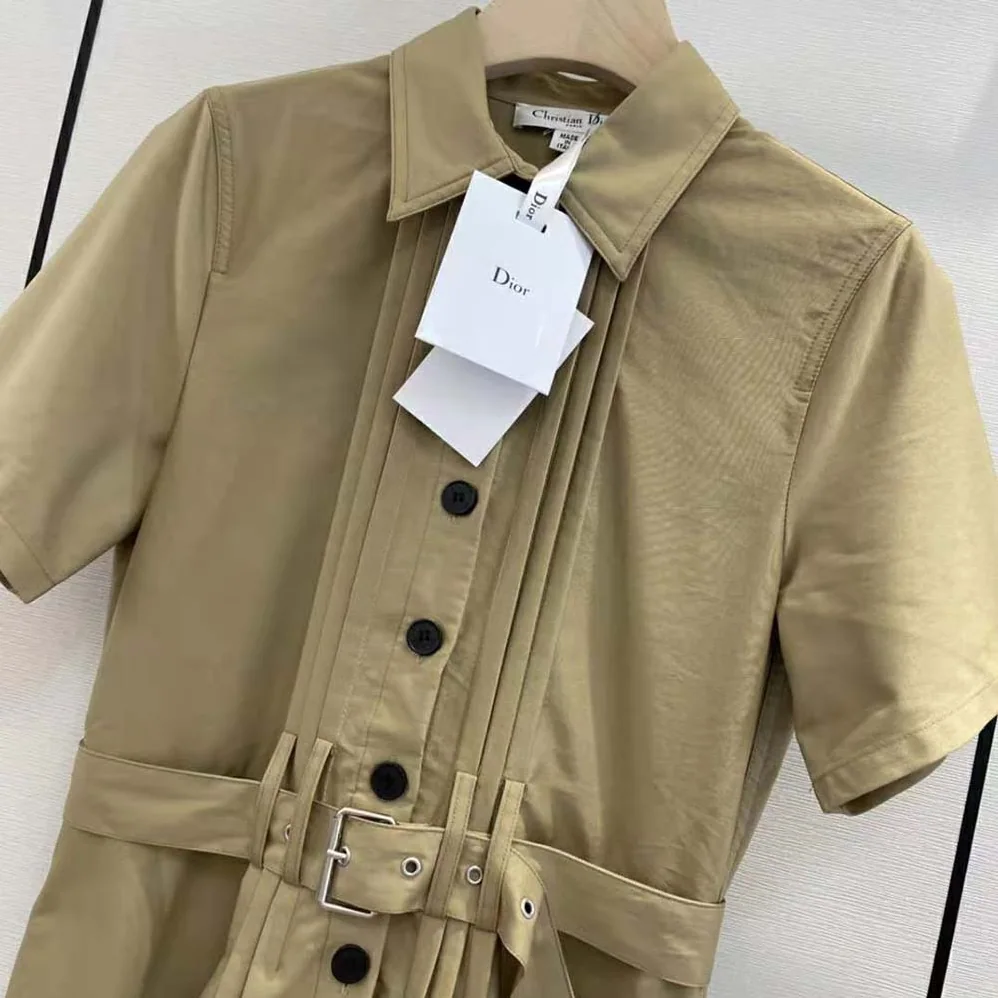 Dior Mid-Length Belted Pleated Dress Beige Technical Cotton Gabardine for Women