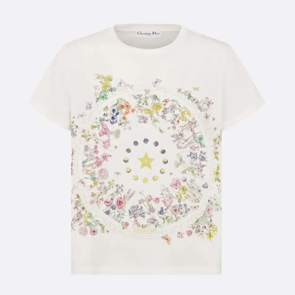 Dior T-Shirt White Cotton Jersey with Multicolor Dior Astral Flowers Motif for Men