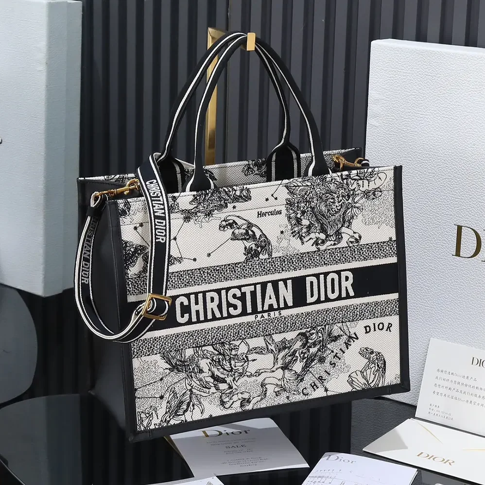 Dior Medium Dior Book Tote Latte and Black Dior Zodiac Embroidery with Black Calfskin for Women
