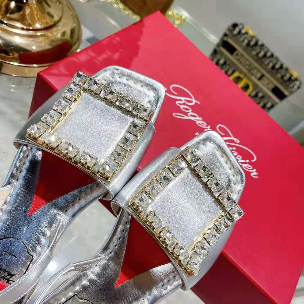 Roger Vivier Biki Love Strass Buckle Sandals in Leather for Women in Silver Roger Vivier Biki Love Strass Buckle Sandals in Leather for Women in Silver