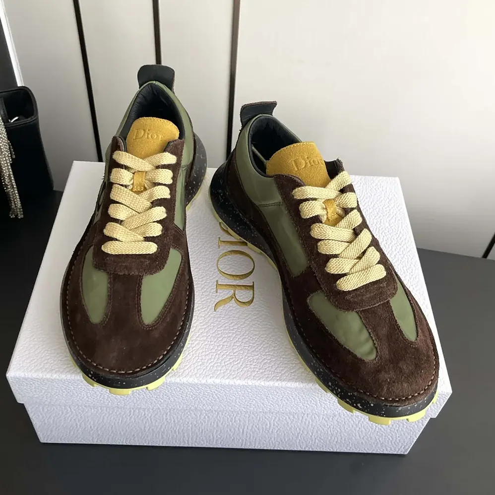 Dior Squash Sneaker Brown and Yellow Suede Calfskin with Green Technical Fabric for Unisex Dior Squash Sneaker Brown and Yellow Suede Calfskin with Green Technical Fabric for Unisex