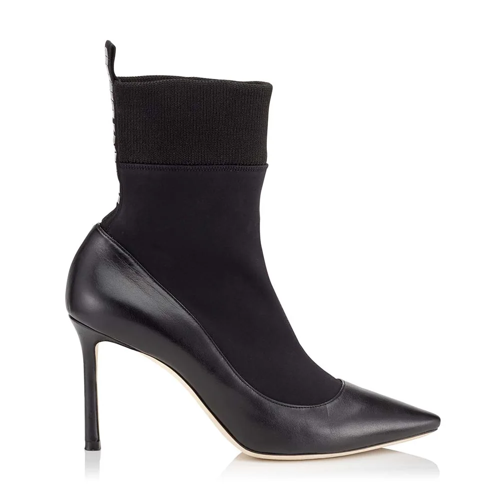 Jimmy Choo Shoes Brandon 85 Black Nappa Leather and Stretch Fabric Sock Ankle Boots for Women Jimmy Choo Shoes Brandon 85 Black Nappa Leather and Stretch Fabric Sock Ankle Boots for Women