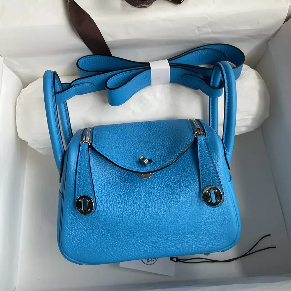 Hermes Lindy Mini 19 in Clemence Leather for Women in Blue/Silver Hermes Lindy Mini 19 in Clemence Leather for Women in Blue/Silver