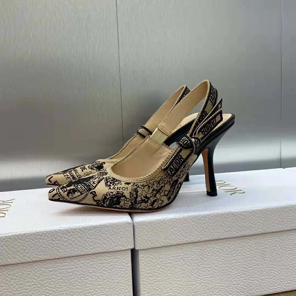 Dior J'Adior Slingback Pump Black and Beige Cotton Embroidered with Plan de Paris Motif for Women Dior J'Adior Slingback Pump Black and Beige Cotton Embroidered with Plan de Paris Motif for Women
