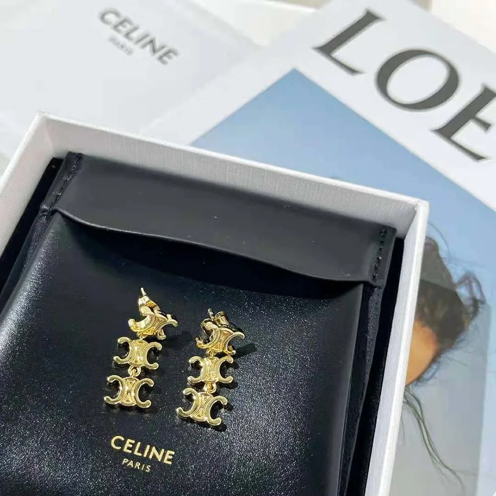 Celine Triomphe Multi Short Earrings in Brass with Gold Finish for Women
