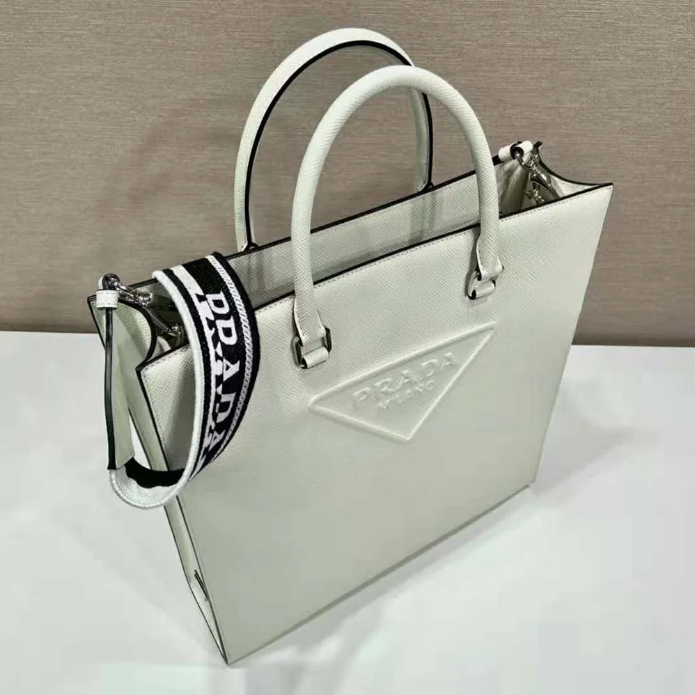 Prada Saffiano Leather Tote Bag with Sleek for Women in White Prada Saffiano Leather Tote Bag with Sleek for Women in White