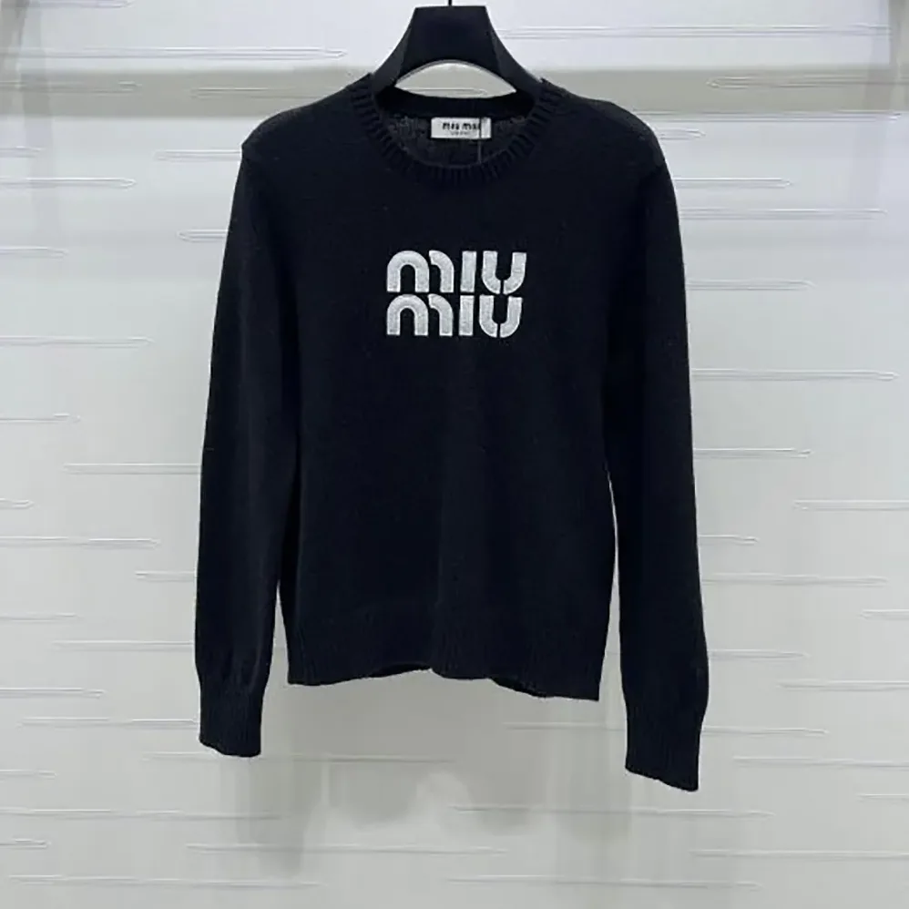 Miu Miu Double Cashmere Sweater with Logo for Women in Black