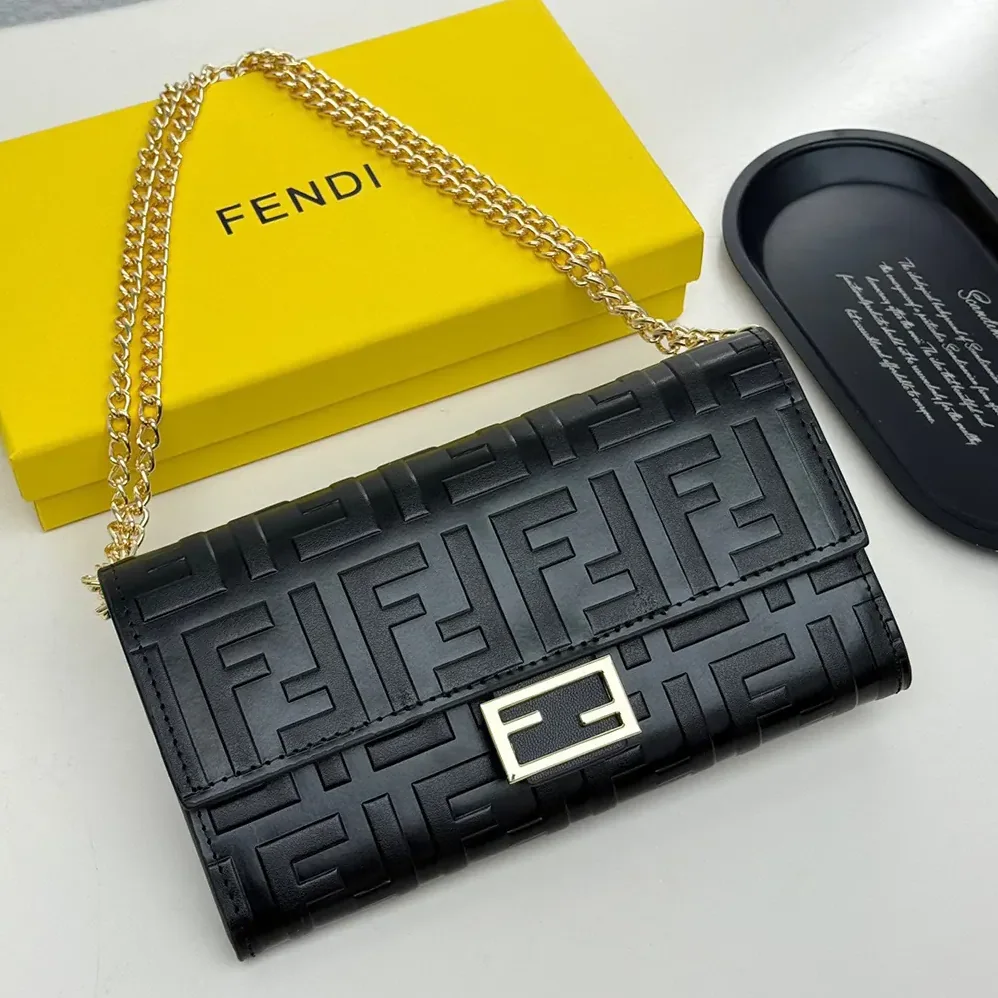 Fendi Baguette Continental Wallet With Chain Black Nappa Leather Wallet for Women