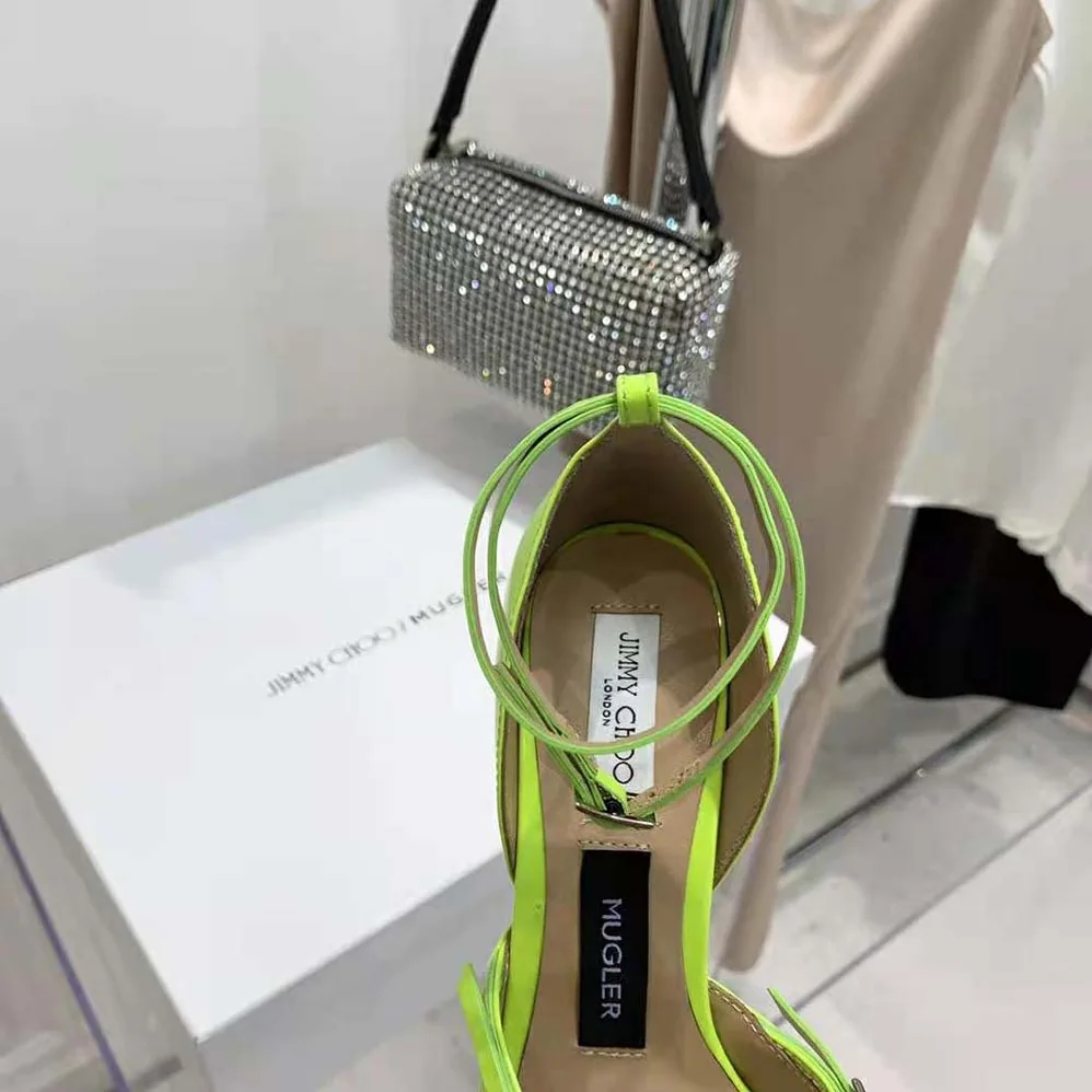 Jimmy Choo Mugler Strap Pump Neon Yellow Patent and Mesh Pumps with Straps for Women Jimmy Choo Mugler Strap Pump Neon Yellow Patent and Mesh Pumps with Straps for Women