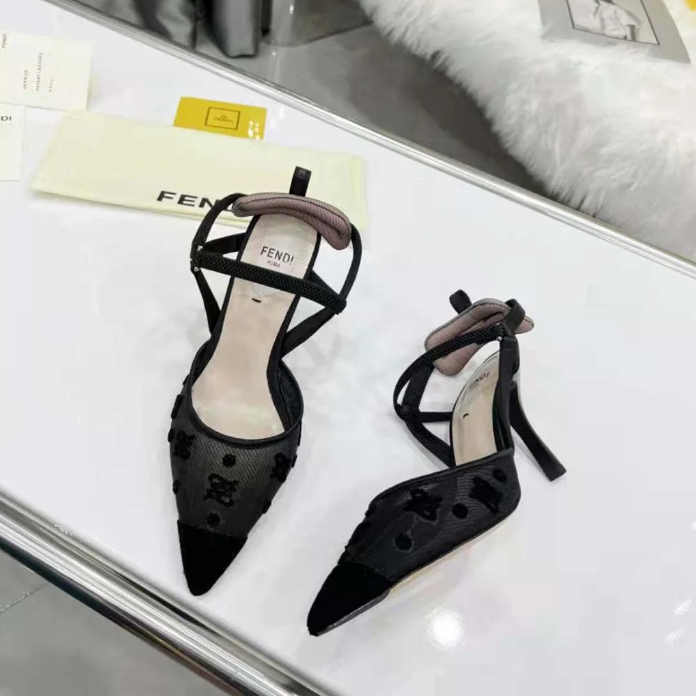 Fendi Colibri Lite High-Heeled Black Mesh and FF Karligraphy Slingbacks for Women Fendi Colibri Lite High-Heeled Black Mesh and FF Karligraphy Slingbacks for Women
