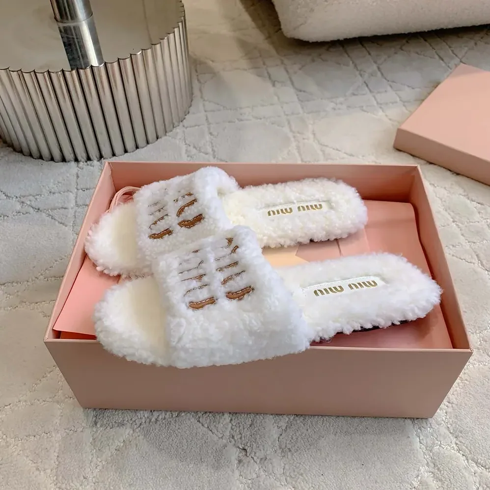 Miu Miu Shearling Slides with Leather Logo for Women