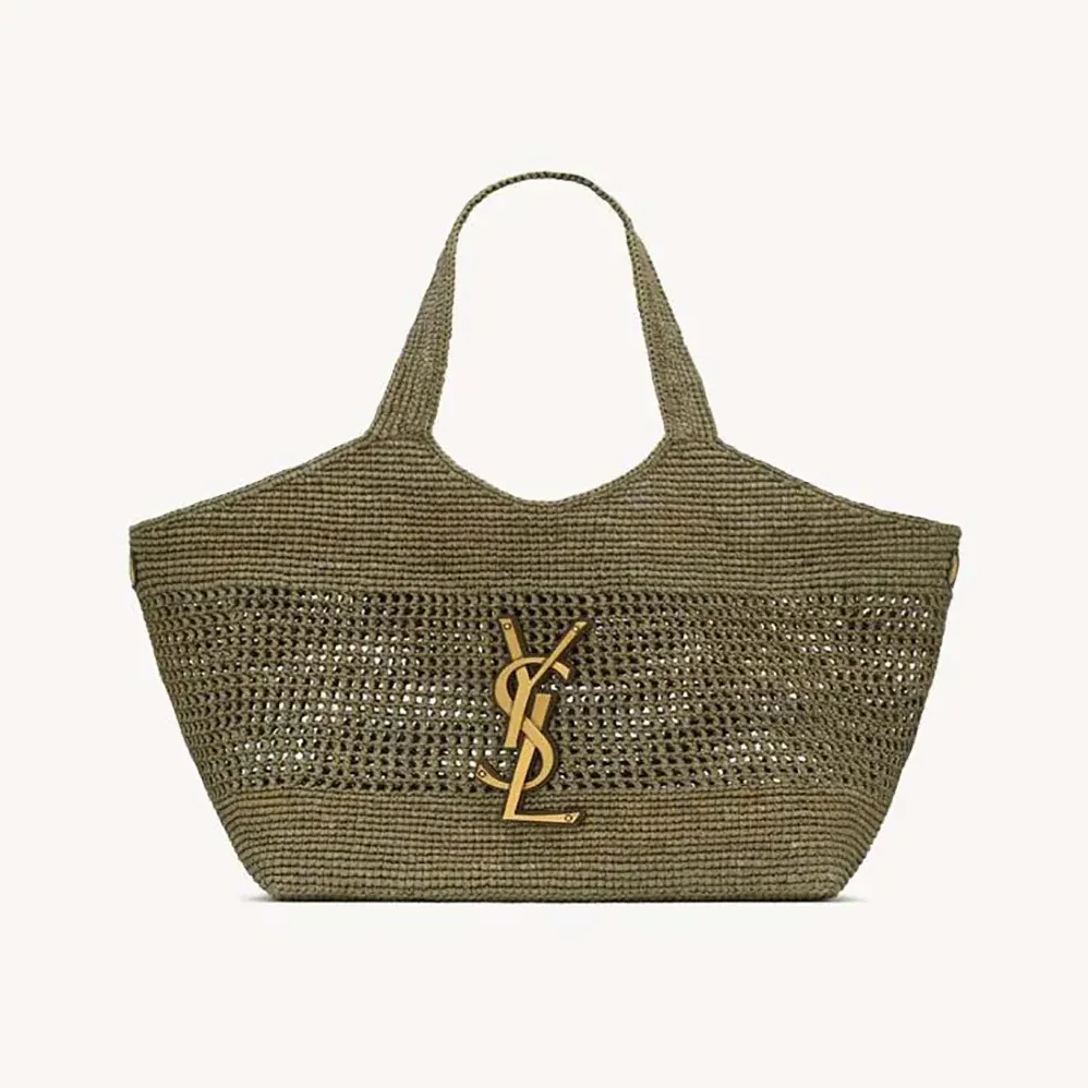 Saint Laurent YSL Icare Medium In Raffia Dark Green for Women
