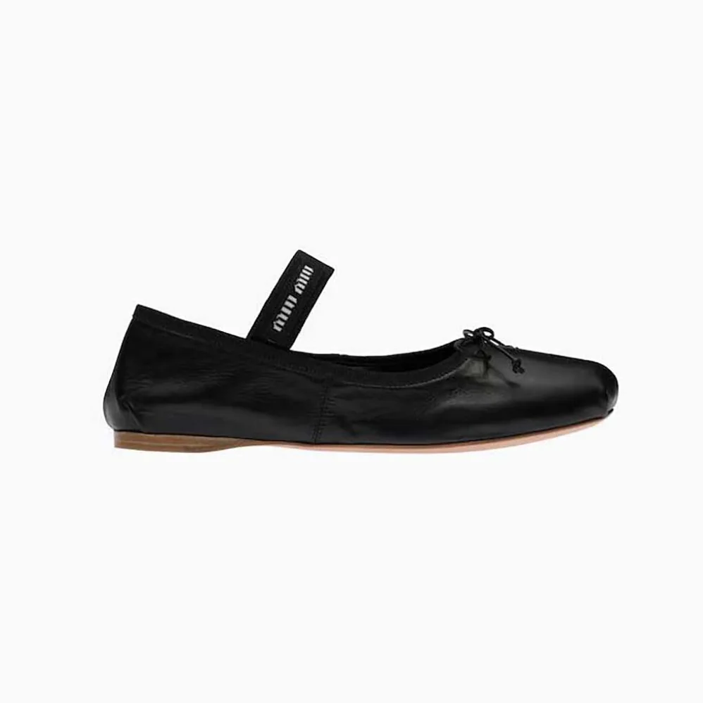 Miu Miu Leather Ballerinas with Fabric Logo Label for Women in Black