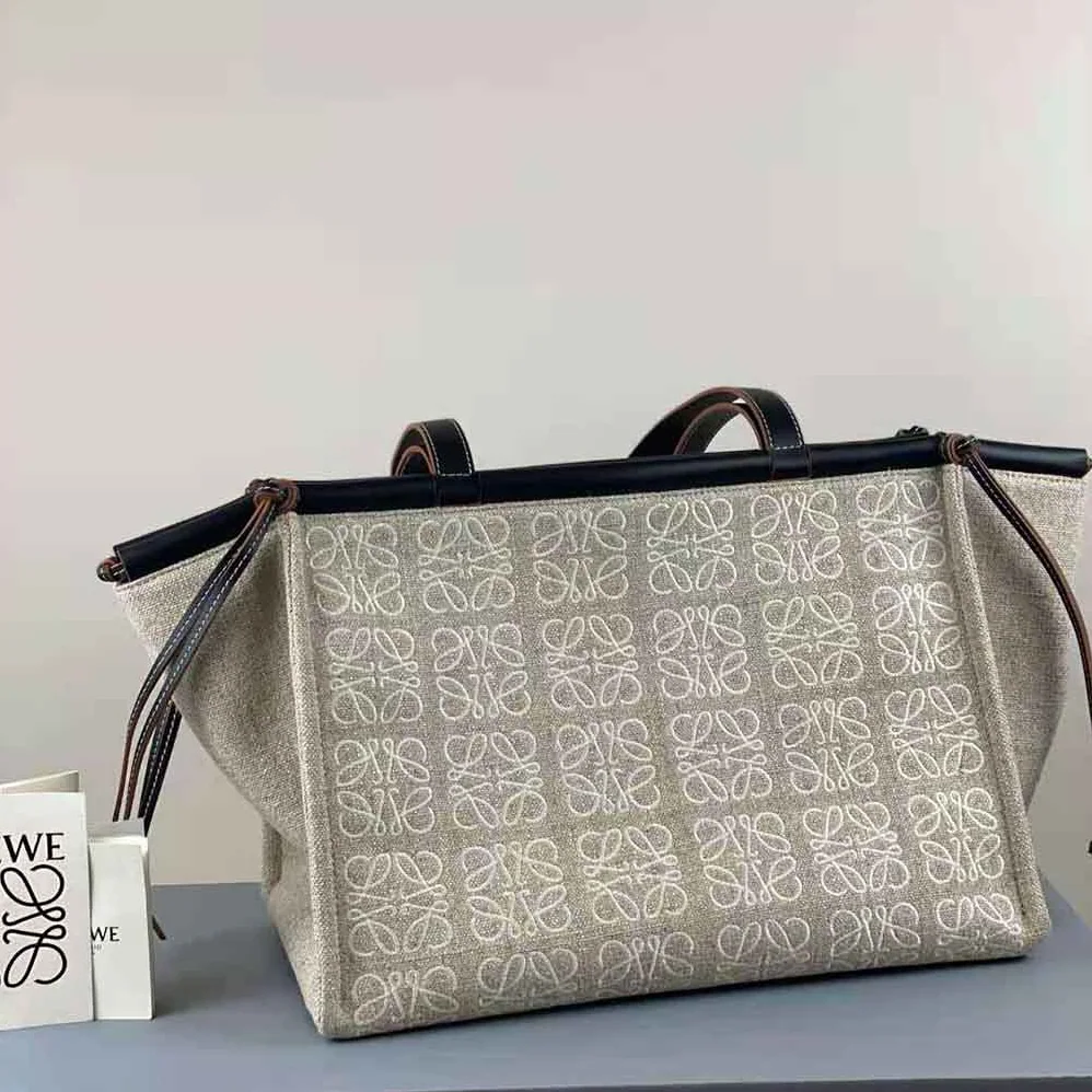 Loewe Cushion Tote Bag in Anagram Linen and Calfskin for Women