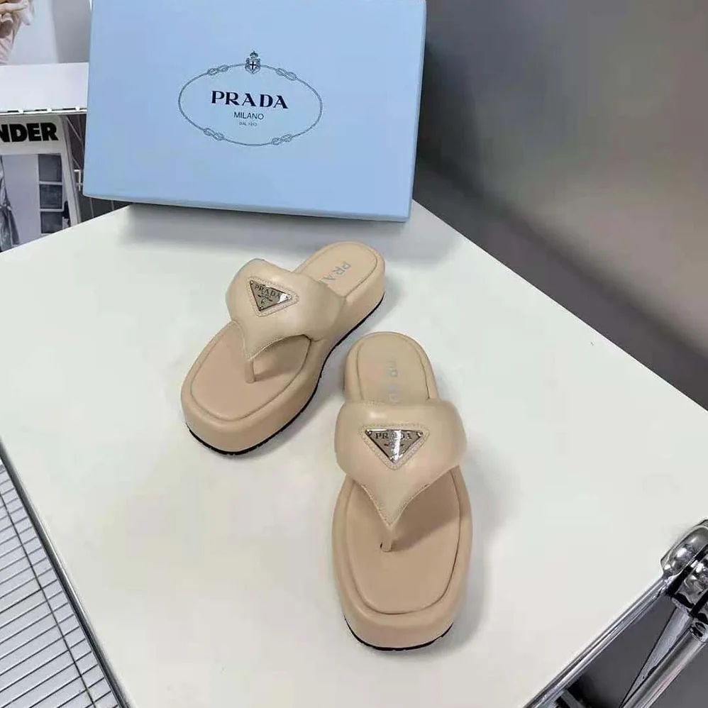 Prada Soft Padded Nappa Leather Thong Wedge Sandals for Women