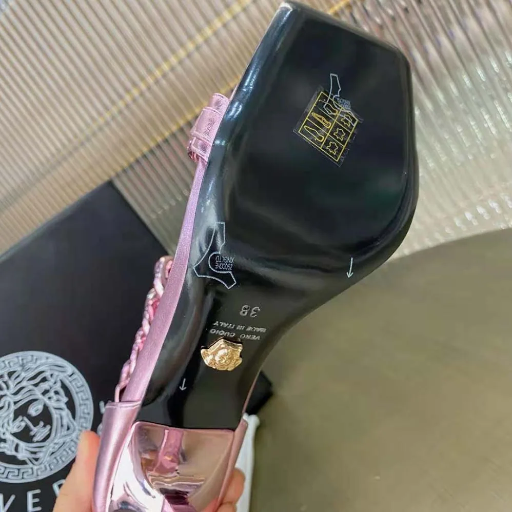 Versace Medusa Chain Suede Sandals in 11cm Heel for Women in Pink Versace Medusa Chain Suede Sandals in 11cm Heel for Women in Pink