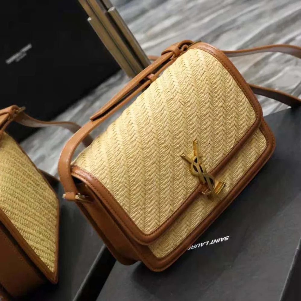 Saint Laurent YSL Solferino Medium Satchel in Raffia and Vegetable for Women in Tanned Leather Saint Laurent YSL Solferino Medium Satchel in Raffia and Vegetable for Women in Tanned Leather