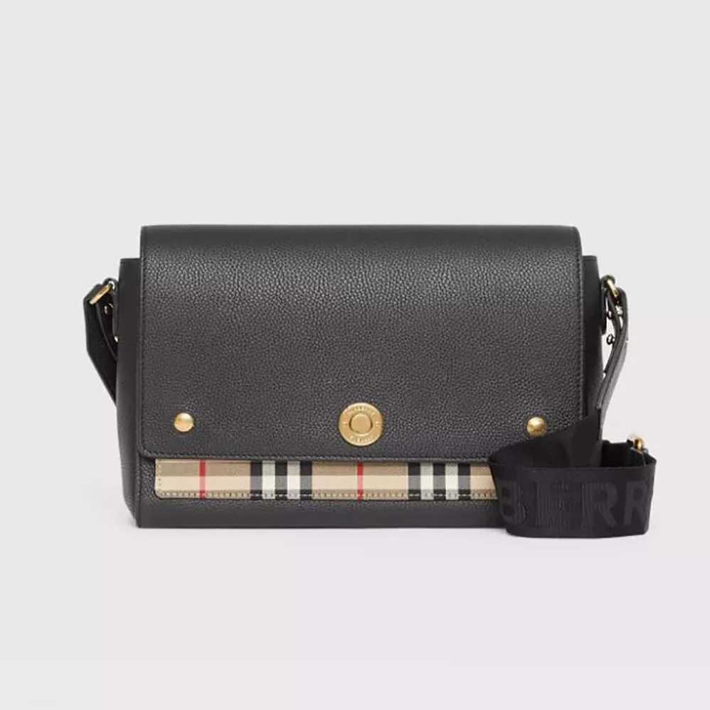Burberry Leather and Vintage Check Note Crossbody Bag for Women in Black Burberry Leather and Vintage Check Note Crossbody Bag for Women in Black