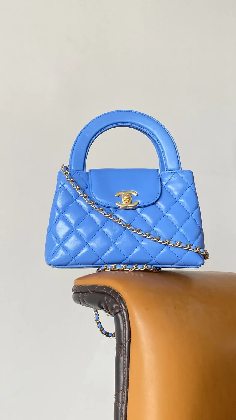 Chanel Kelly Mini Top Handle Bag in Blue Gold Hardware