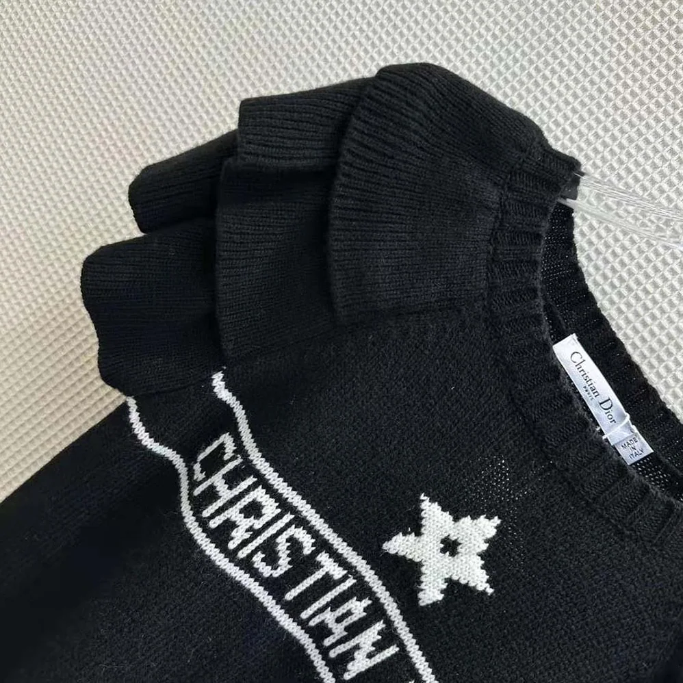 Dior Sweater with Ruffles Black Cashmere Knit with Signature for Women Dior Sweater with Ruffles Black Cashmere Knit with Signature for Women