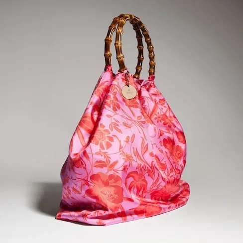 Gucci Silk Maxi With Bamboo Handle Tote Bag in Fuchsia/ Multicolor Gold Hardware Gucci Silk Maxi With Bamboo Handle Tote Bag in Fuchsia/ Multicolor Gold Hardware