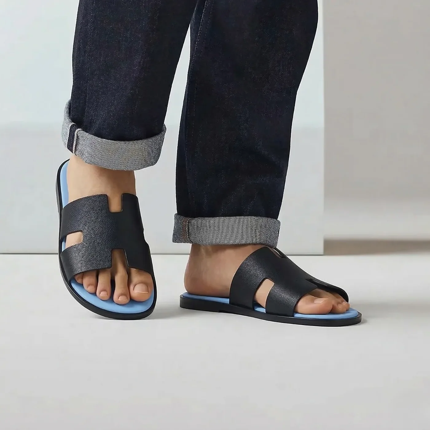 Hermes Izmir Sandals Black in Light Blue