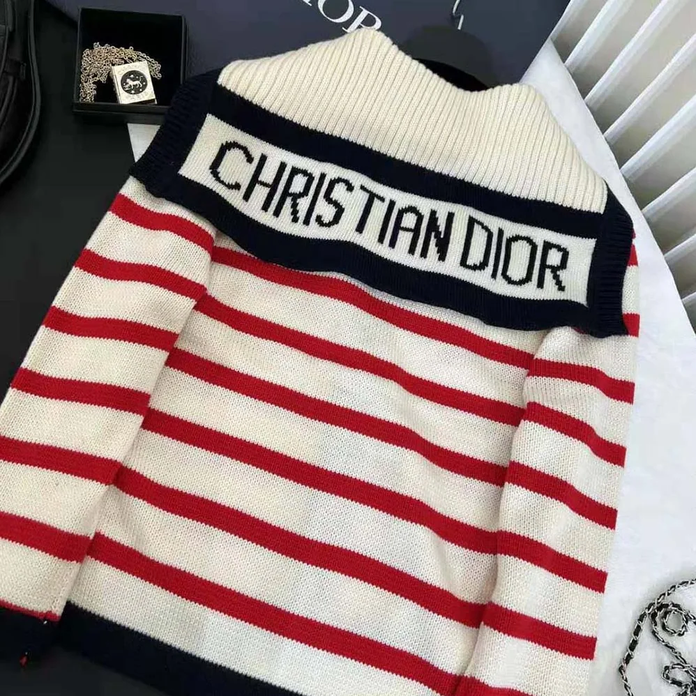 Dior Mariniere Cardigan Red and Ecru D-Stripes Ribbed Wool and Cashmere Knit for Women