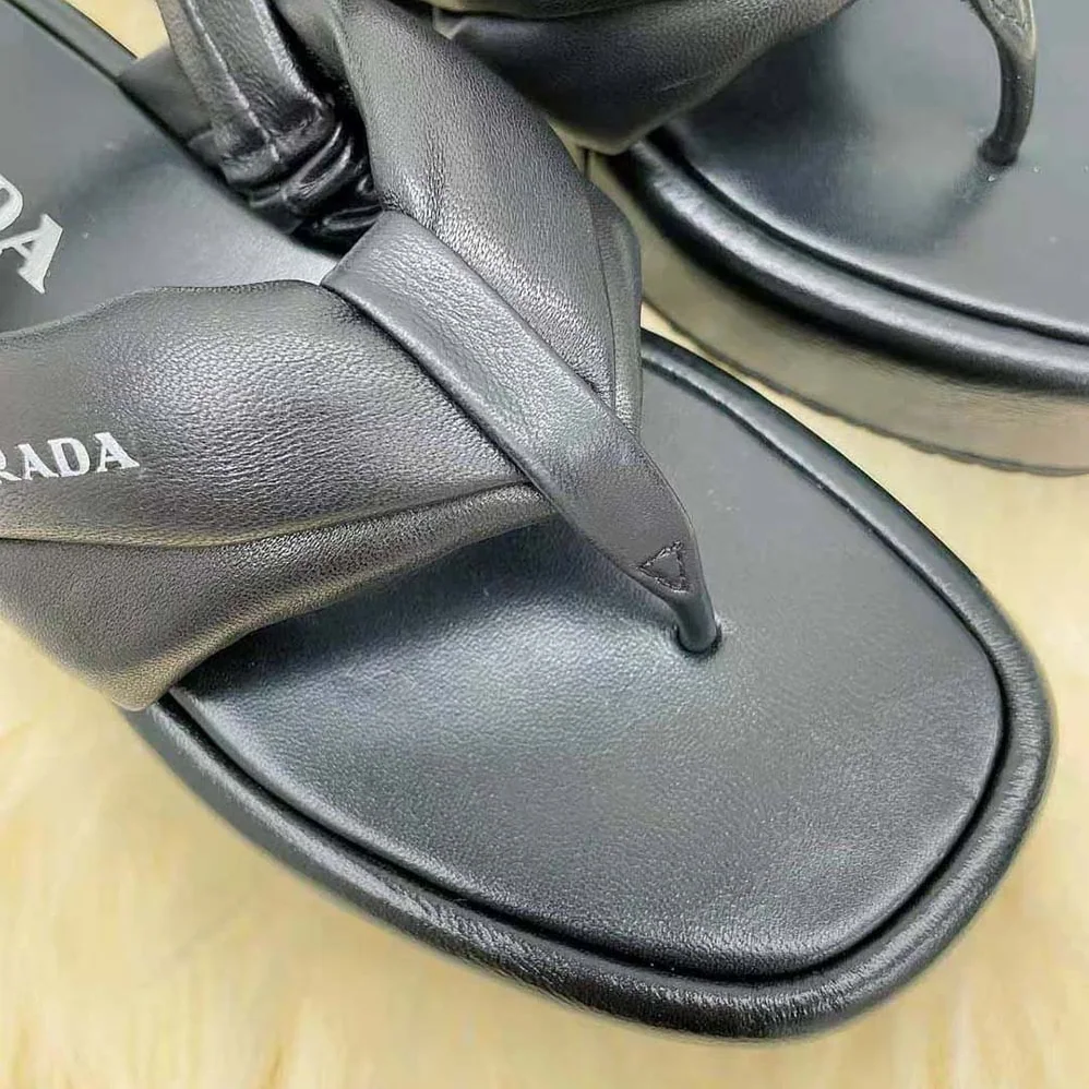Prada Nappa Leather Thong Flatform Sandals for Women in Black