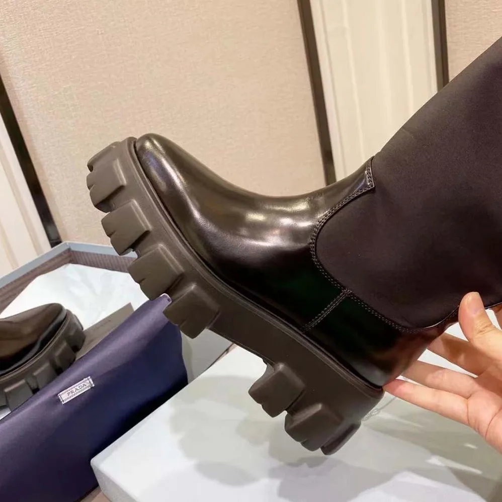 Prada Monolith Leather and Nylon Boots for Women in Black Prada Monolith Leather and Nylon Boots for Women in Black