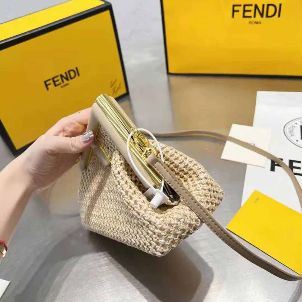 Fendi First Small Beige Raffia Macrame Bag for Women Fendi First Small Beige Raffia Macrame Bag for Women
