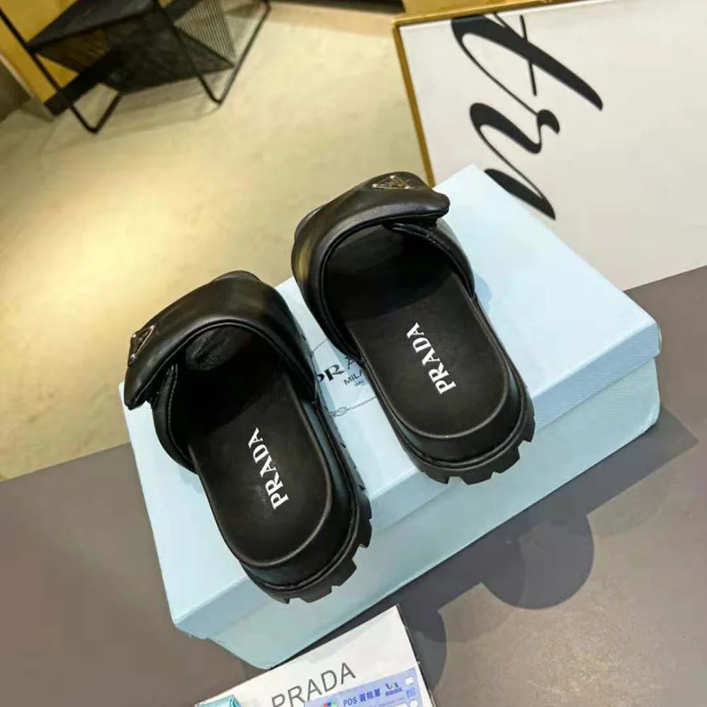 Prada Soft Padded Nappa Leather Slides for Women in Black