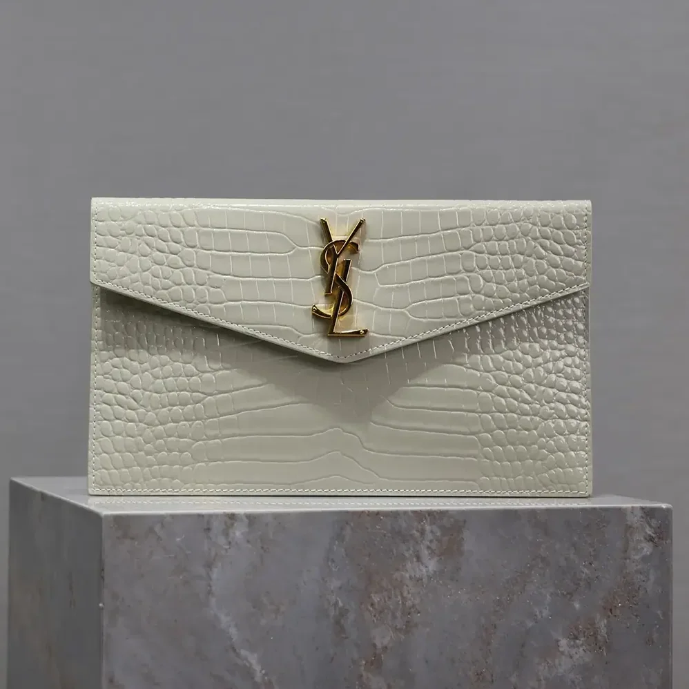 Saint Laurent YSL Uptown Pouch in Crocodile-embossed Shiny Leather for Women in White
