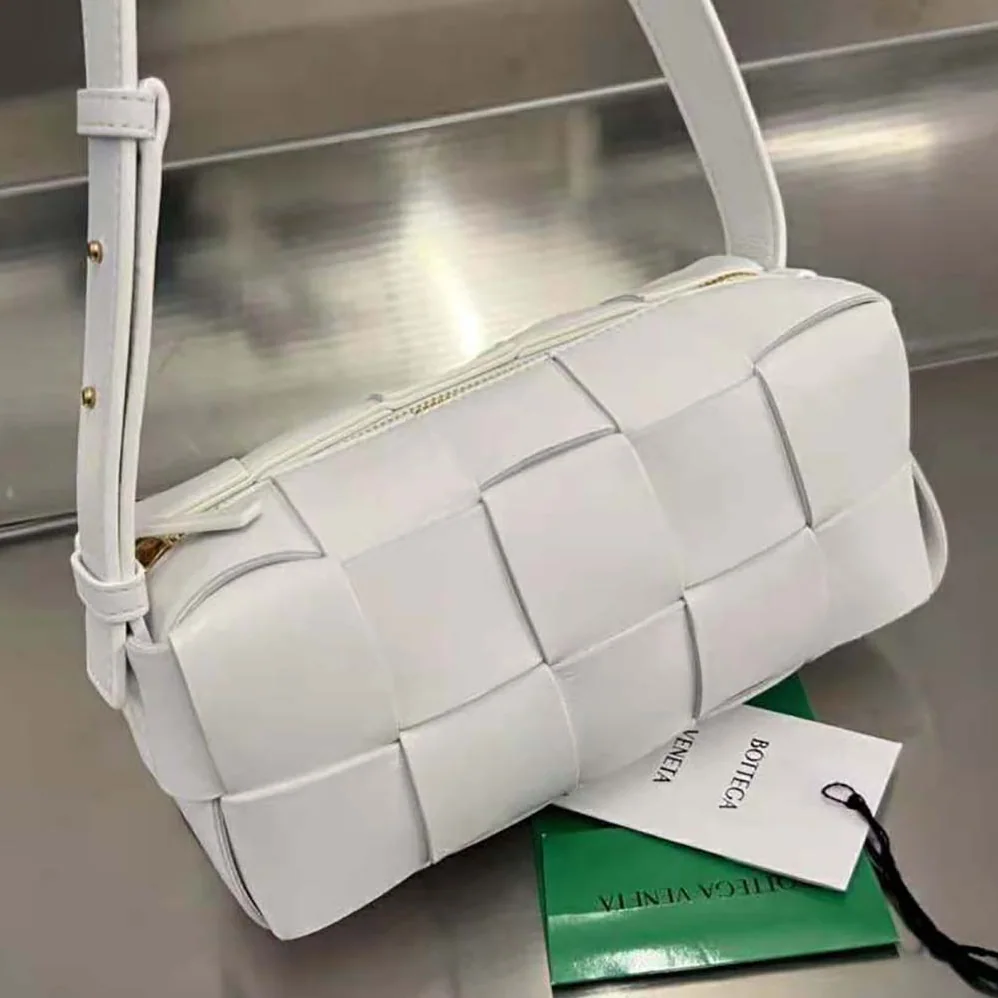 Bottega Veneta Small Brick Cassette Intreccio Leather Shoulder Bag for Women in White