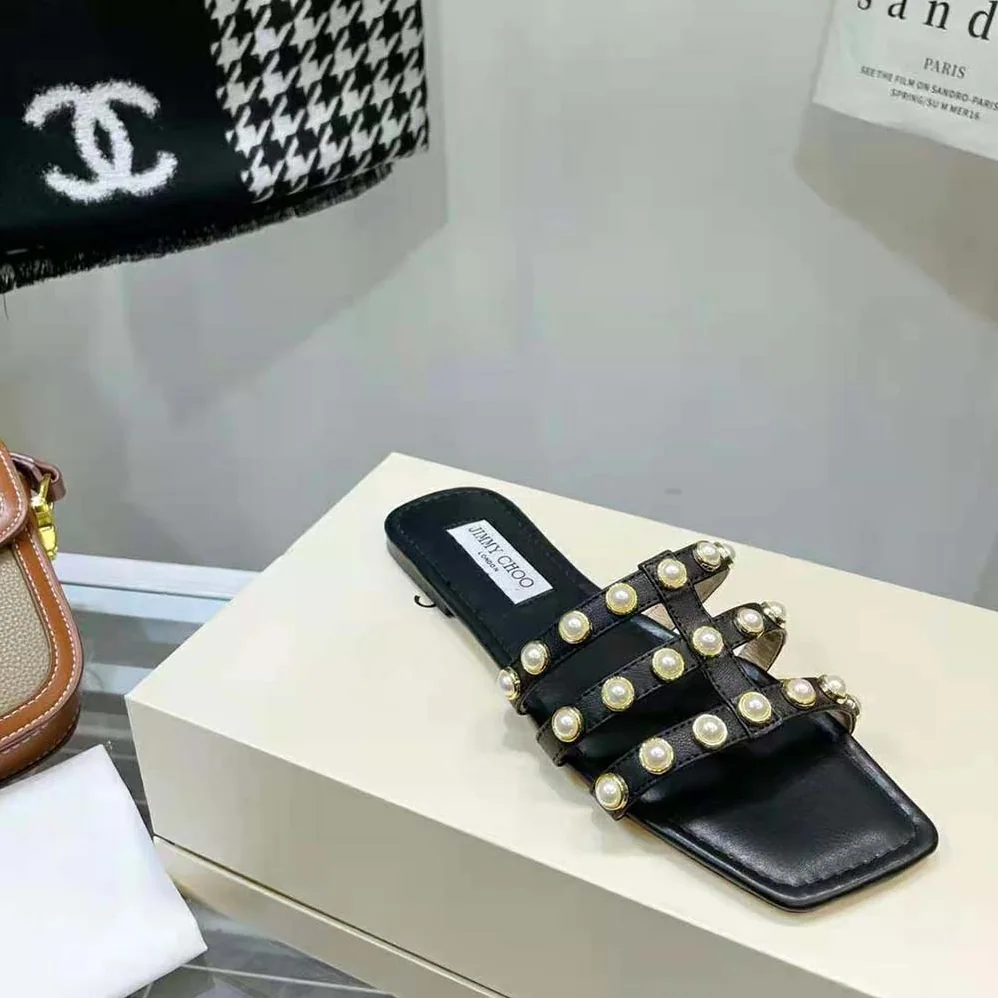 Jimmy Choo Hazal Flat Black Nappa Caged Flats with Pearl Studs for Women