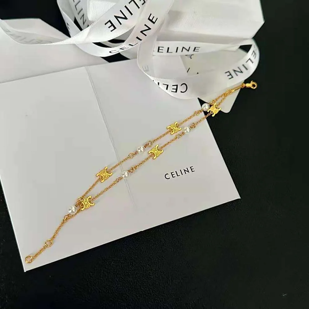 Celine Triomphe Pearl Double Bracelet in Brass with Gold Finish and Resin Pearls for Women