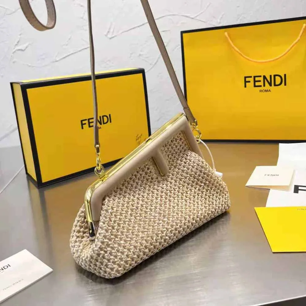 Fendi First Small Beige Raffia Macrame Bag for Women Fendi First Small Beige Raffia Macrame Bag for Women