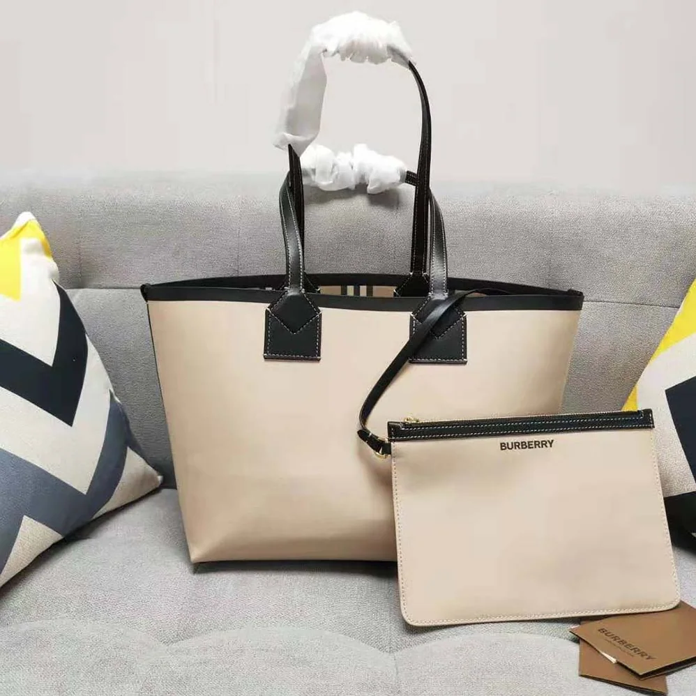 Burberry Label Print Cotton and Leather Small London Tote Bag for Women