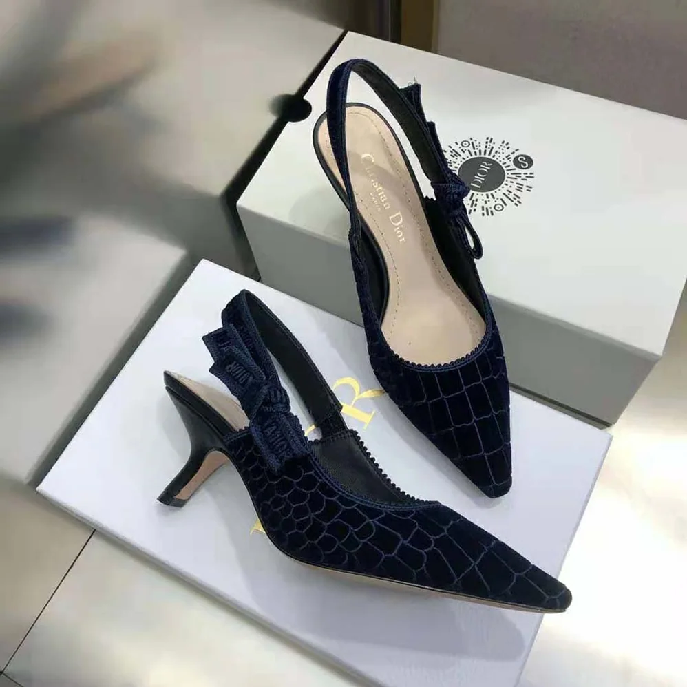 Dior J'Adior Slingback Pump Deep Blue Crocodile for Women in Effect Embroidered Velvet